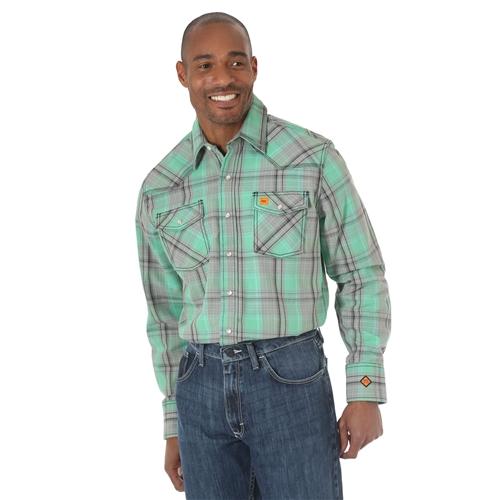 Wrangler® Fr 20X® Plaid Snap Front Shirt - Men's - Green Plaid- Fr154Gr