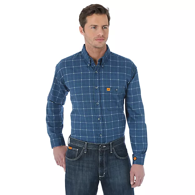 Wrangler® Fr Long Sleeve Button Down Plaid Shirt - Men's- Royal Blue - FR133RB